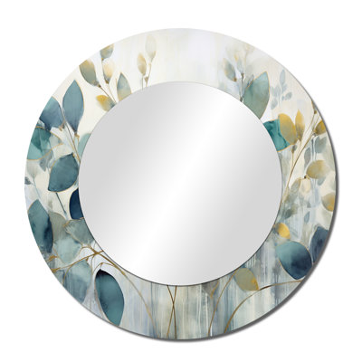 Blue Botanical Rhythms II – Boho Round Wall Mirror, Metal Print