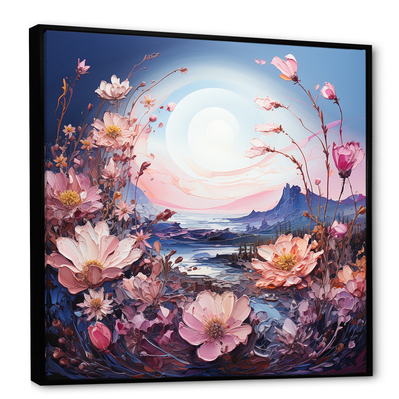 Lune mauve avec paysage de rêve, Cadre flottant noir, H 24 po x l 24 po x P 1 po
