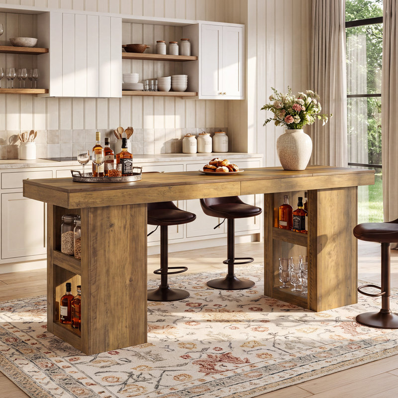Table de bar 79 po de style campagne longue, table de pub en bois à hauteur de comptoir avec tablettes de rangement latérales à 4 niveaux