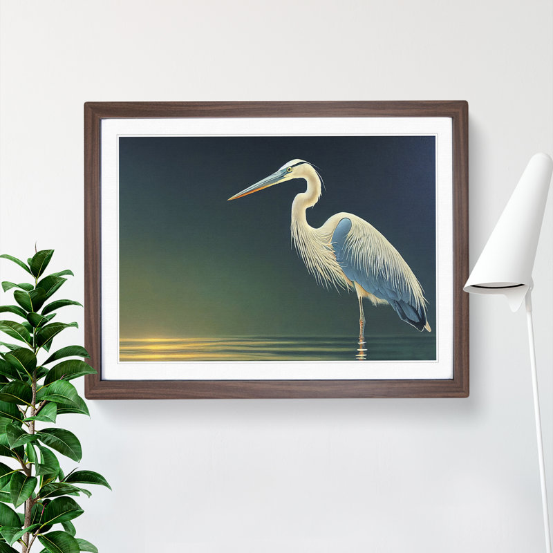 Attractive Heron Bird - Single Picture Frame Print, Walnut, 25cm H x 34cm W x 2cm D