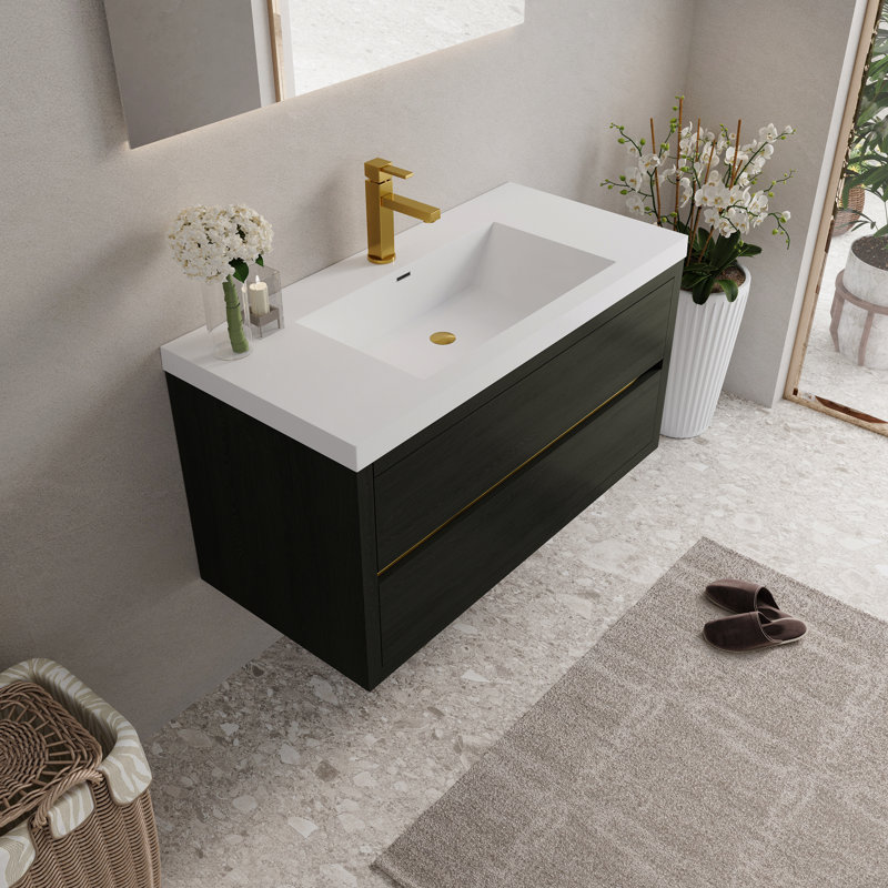Meuble-lavabo mural 42 po avec lavabo, meuble de rangement flottant avec comptoir en résine de pierre et tiroirs à fermeture en douceur entièrement assemblés, bois espresso