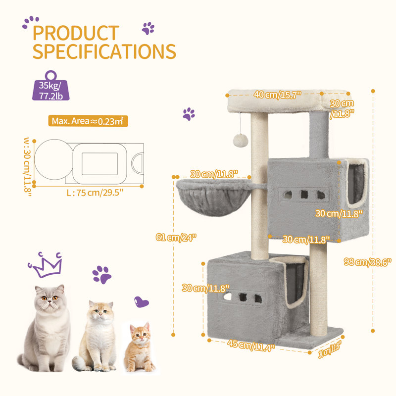 Cat Tree, 98 cm Tower, Sisal Scratching Post, Cats Tower for Indoor, Multi-Level Stable Cat Tree with Cats House, 2 Caves, Pompoms,  Dark Grey, Light Grey