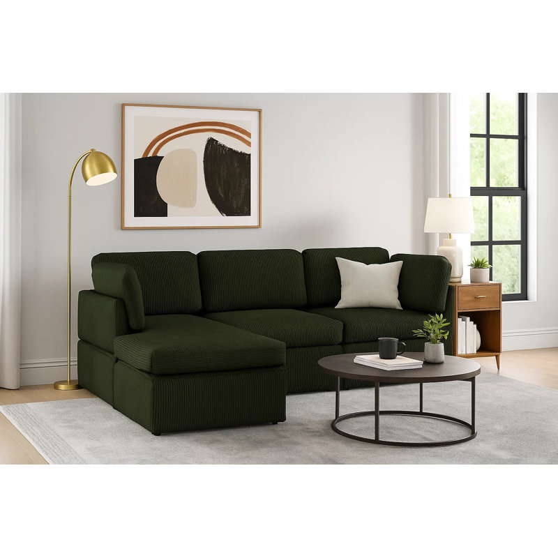 Canapé modulaire 100 po en velours côtelé de luxe 100 po - 4 pièces surdimensionné en L avec repose-pieds vert olive