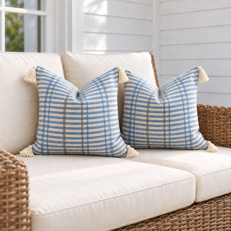 2-Piece Blue Striped Handwoven Cotton Decorative Pillow Cover Set
