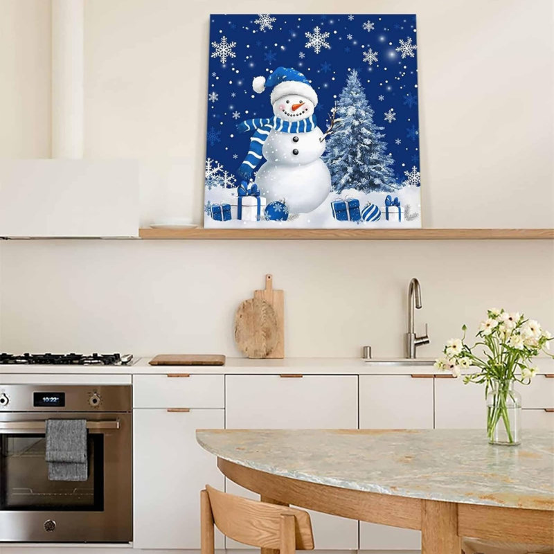 «Blue Christmas Snowman», art mural sur toile sans cadre 16 po x 16 po