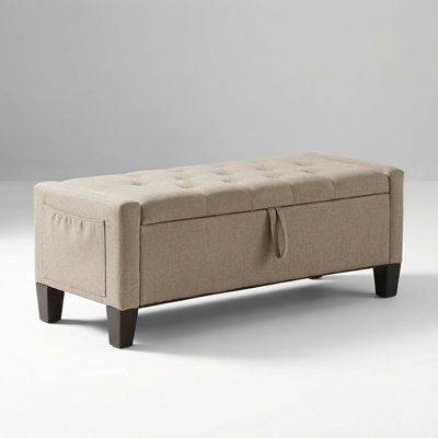 Upholstered Storage Ottoman Bench with Safety Hinge and Tufted Lid for Living Room and Bedroom Organization