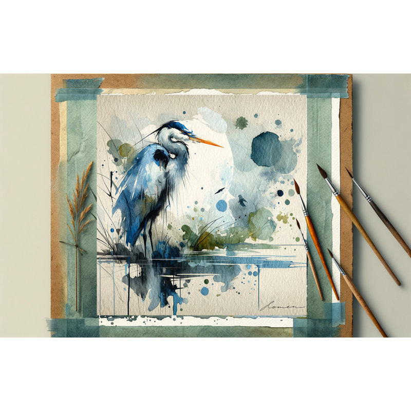 Blue Reverie - Héron abstrait sur toile, H 12 po x l 12 po x P 1 po