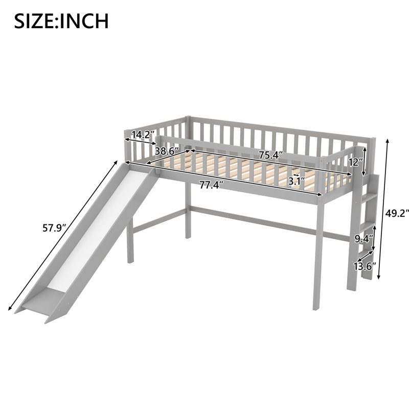 Lit mezzanine simple gris avec glissade amusante et amovible, Twin, Gray