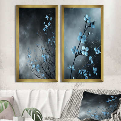 Blue Cherry Blossoms Glowing At Midnight - Blue Cherry Blossom Wall Art Set of 2