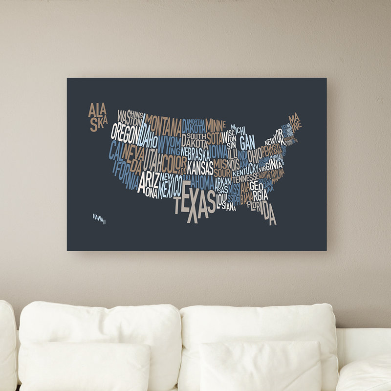 «United States Text Map», impression sur toile, H 30 po x l 47 po x P 2 po