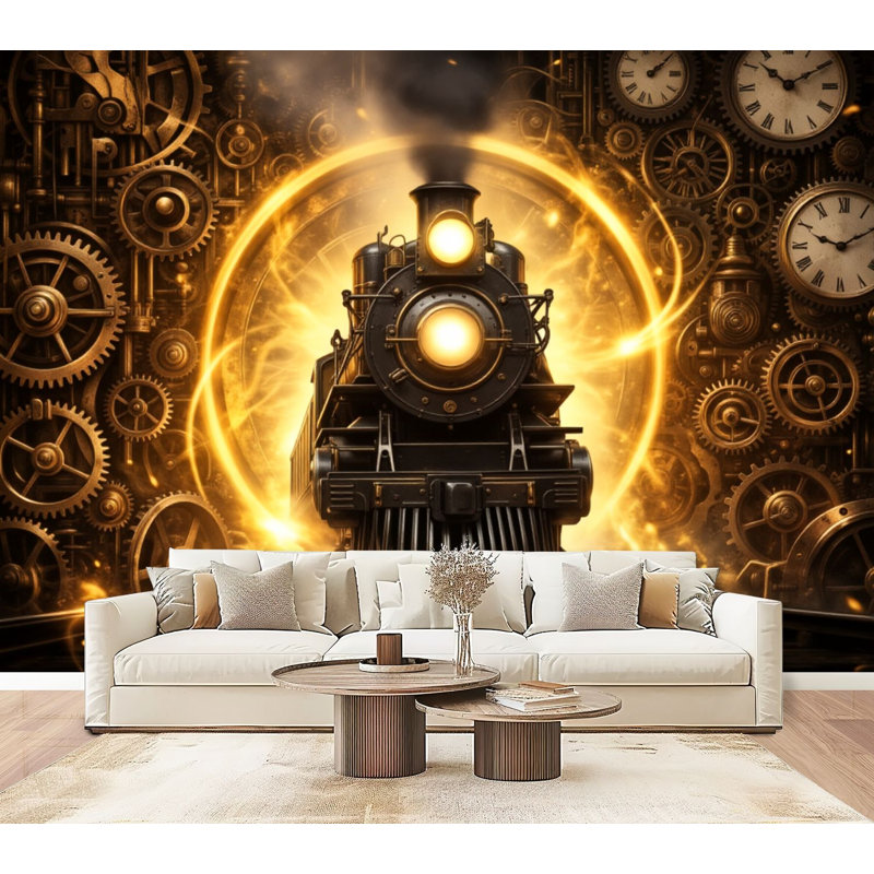 Papier peint adhésif auto-adhésif Steampunk Golden Train, L 96 po x l 69 po