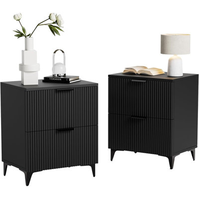 Petite table de chevet cannelée, ensemble de 2 - Tables de chevet modernes avec 2 tiroirs pour la chambre à coucher [Noir] - [Bois / Moderne / Table de chevet]