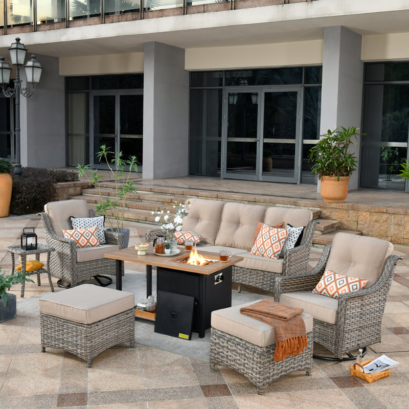Harper Wicker 7 - Person Patio Conversation Set with Cushions, Beige