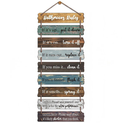 Collage Bathroom Rules Wall Hanging Sign with Jute - 9pcs Wooden Decor Wall Art Plaque for Toilet Restroom 30x11.2 Inches