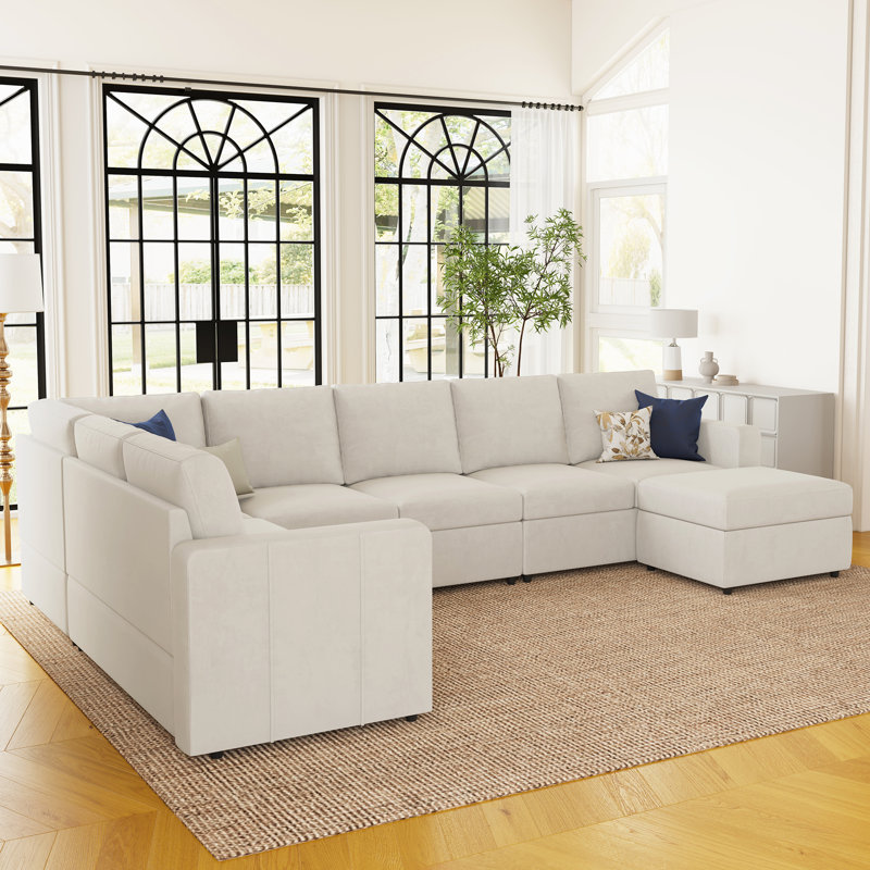 Seybert Luxurious U-Shaped Sofa Velvet Chenille Sectional Sofa For Living Room, Beige Velvet