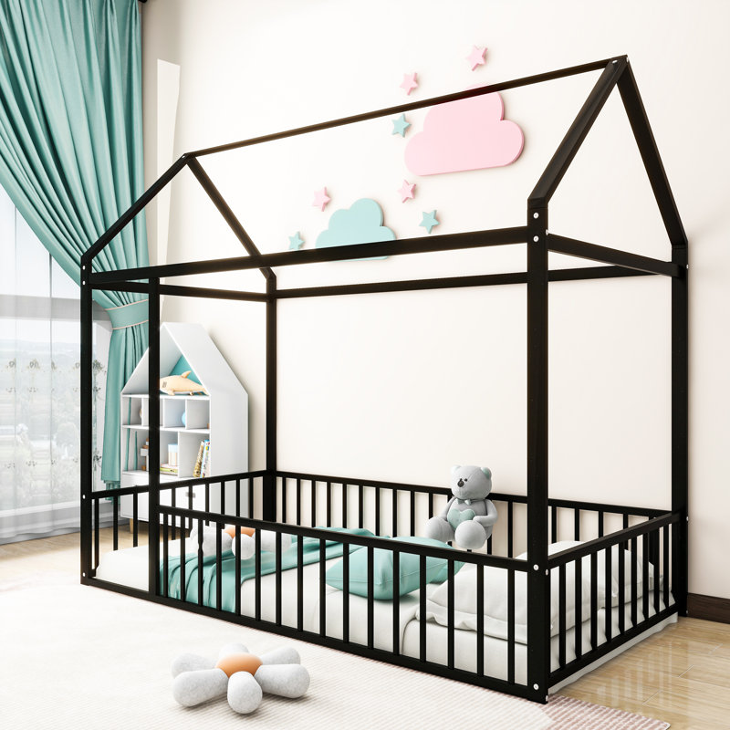 Schererville Metal House Style Floor Bed with Canopy and Guardrails, Twin, Black