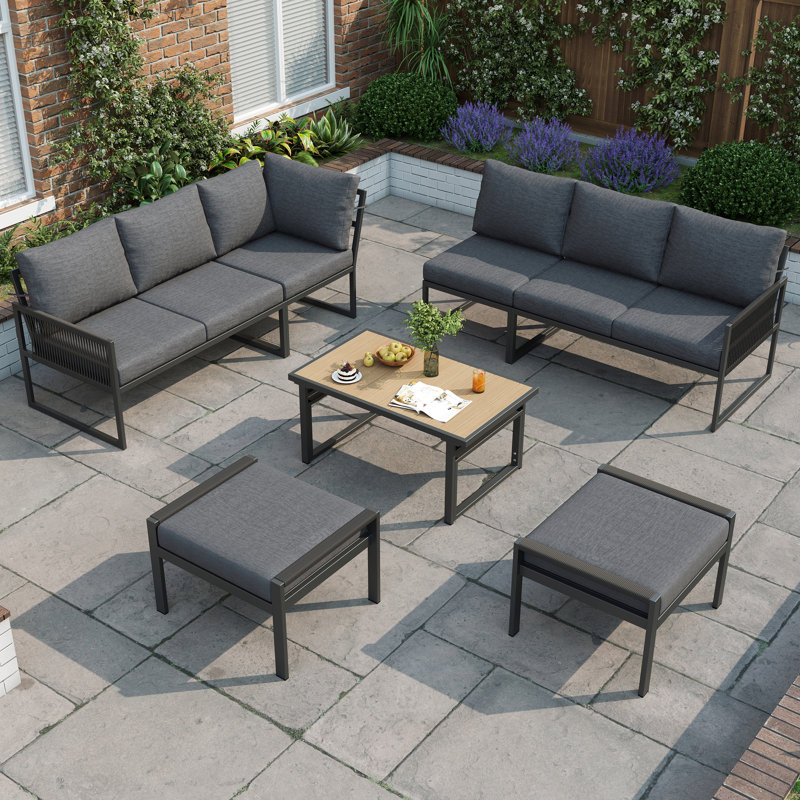 7-8 Seat Modular Outdoor Sofa Set With Adjustable Plastic Wood Table & Rope