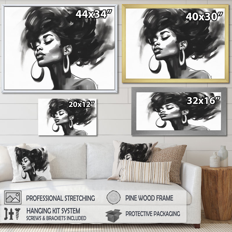 Noir et blanc femme afro-américaine III - art mural femme, Cadre flottant doré, H 34 po x l 44 po x P 1,5 po