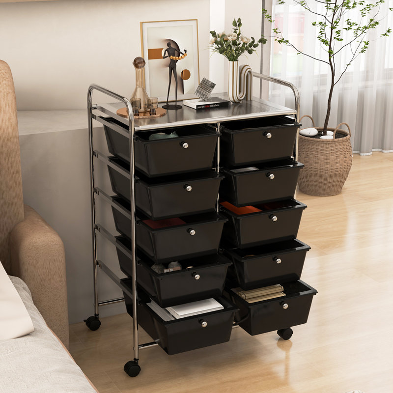 Nally 10 Drawer Storage Drawer with Locking Wheels, Black/Silver