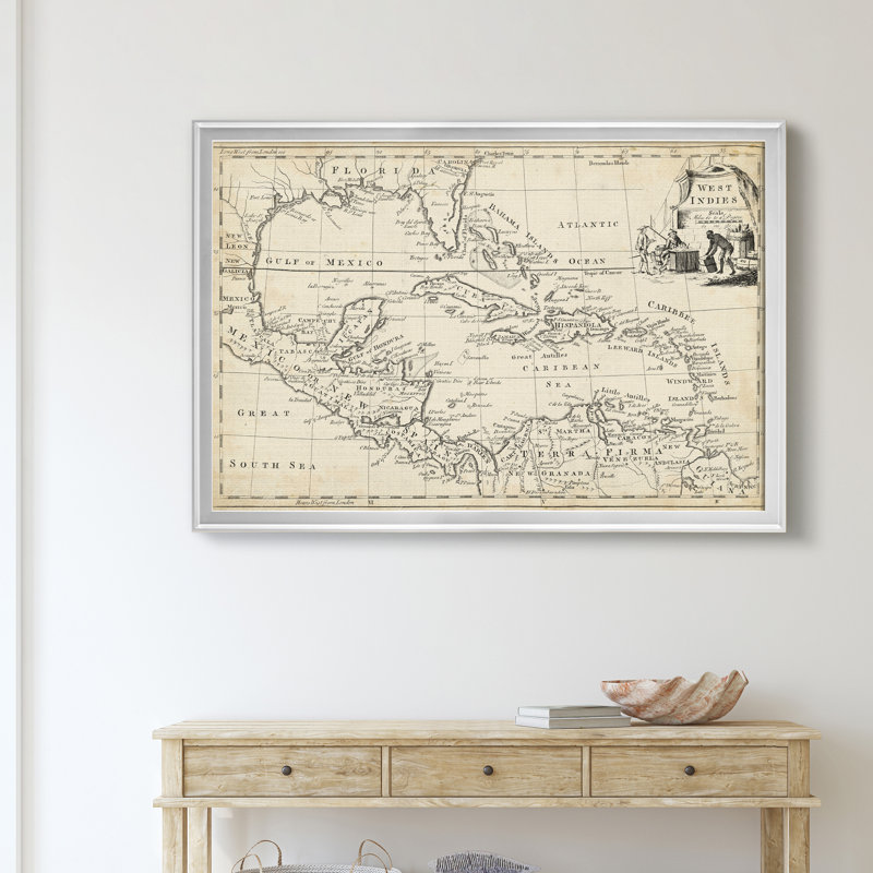 Carte de l’Antilles-impression d’art graphique sur toile encadrée, H 18,5 po x l 24,5 po x P 1,5 po, Encadrement argenté