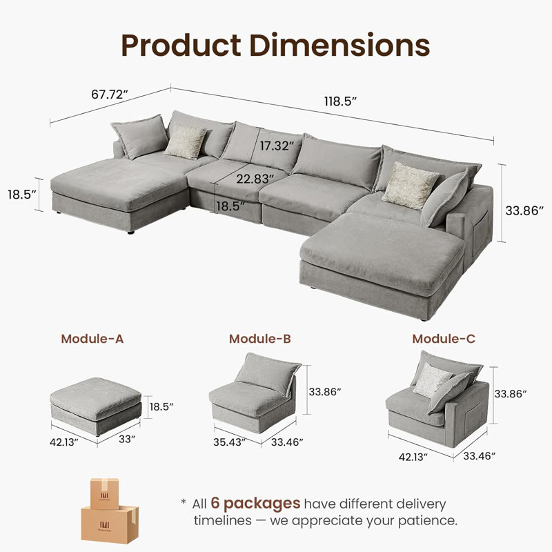 158" Down Filled Modular Sectional Sofa With Storage Ottomans, Grey, Gray