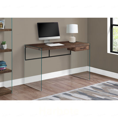 Bureau d'ordinateur, bureau personnel, ordinateur portable, tiroirs de rangement, l 48 po, bureau, stratifié brun, verre trempé transparent
