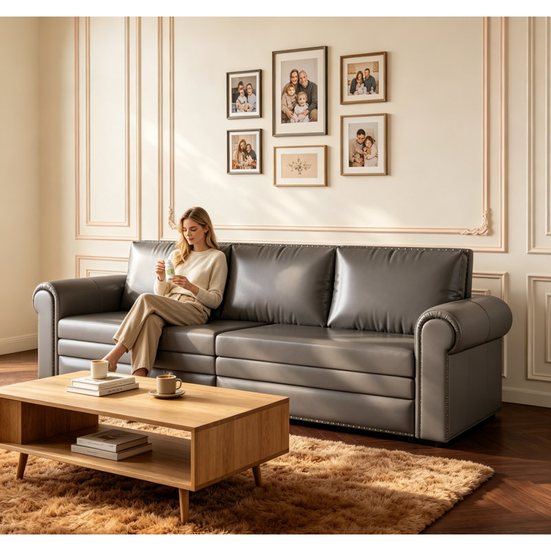 Chesterfield King Pull Out Sofa Bed, 3-In-1 Faux Leather Convertible Sleeper With Nailhead Trim & Rolled Arm, Multi-Functional And Stylish