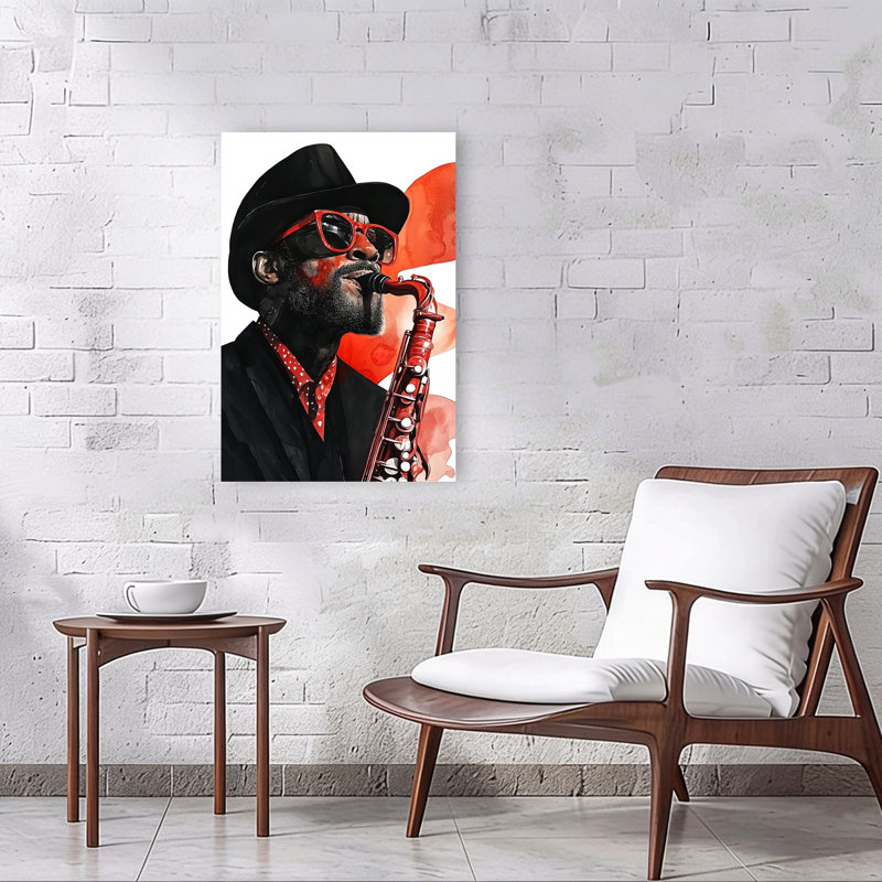 Red Saxophone Player Retro Vibrant Abstract Portrait Wall Art Print 1 Piece Wrapped Canvas Wall Art, 91.44cm H x 60.96cm W