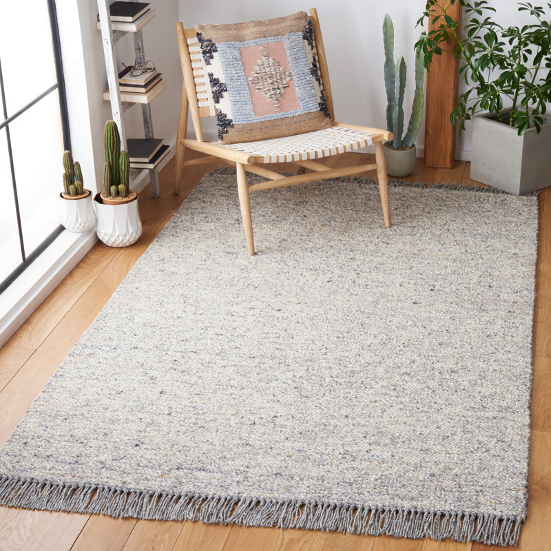 Tapis gris / ivoire en laine tissé à la main et à plat, Rectangle 8 pi x 10 pi