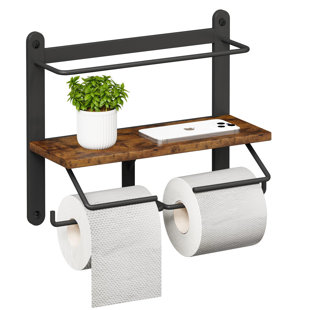 Double Toilet Paper Holder With Shelf, Wooden Wall-Mounted Toilet Paper Roll Holder, Wall-Mounted Bathroom Organizer, Double Roll, Suitable For Bathrooms (Rustic Brown)