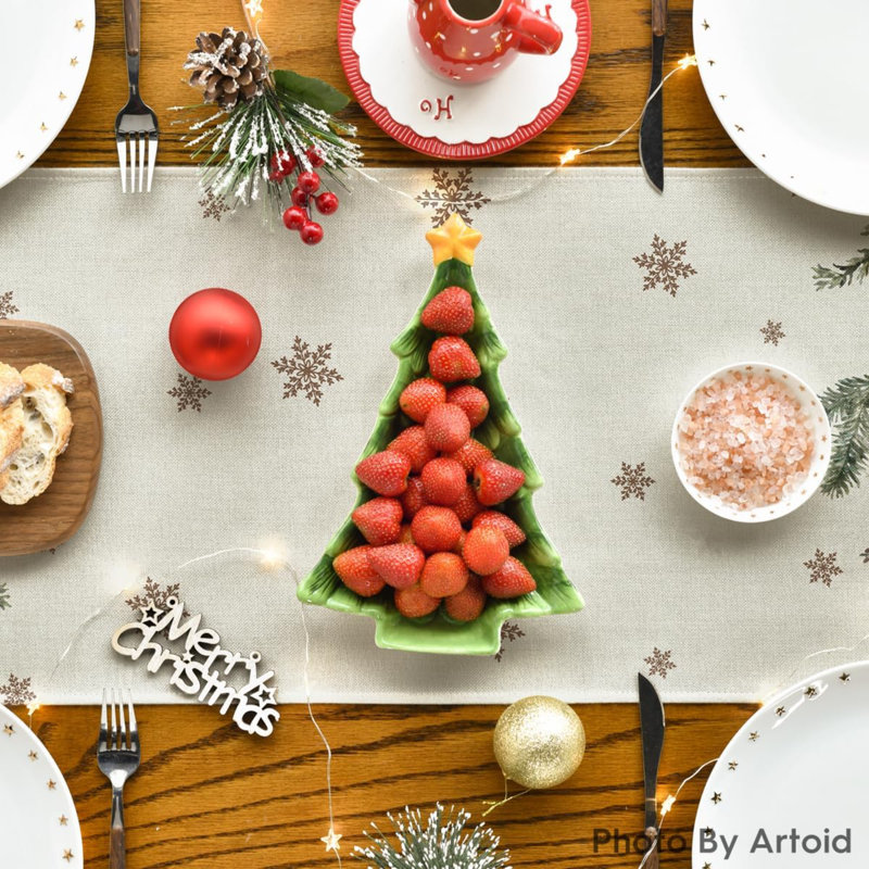 Xmas Pine Ornament Snowflake Merry Christmas Table Runner, Seasonal Winter Kitchen Dining Table Decoration For Home Party Decor