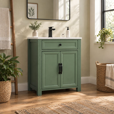 Ensemble meuble-lavabo moderne pour salle de bain, meuble-lavabo autoportant de 70,3 cm (27,66 po) avec lavabo en céramique, armoire en MDF peint, tiroir à couvercle rabattable et poignées en métal