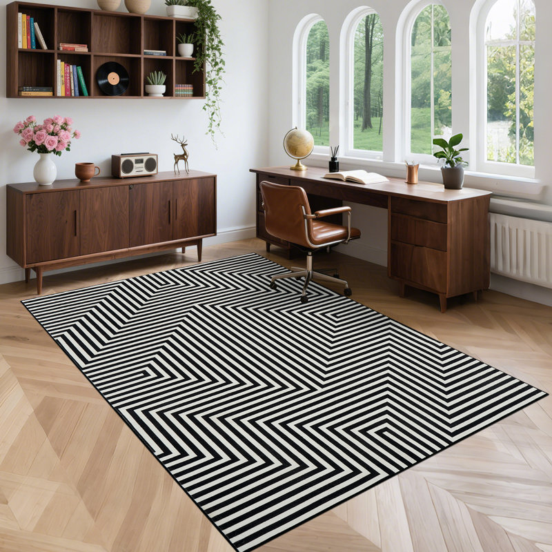Modern Rug for Living Room Non-Slip Striped Accent Rug, Stain-Resistant Ultra-Thin Bedroom Carpet, Soft Low Pile Indoor Floor Mat for Kids Room, Nursery, Home Office