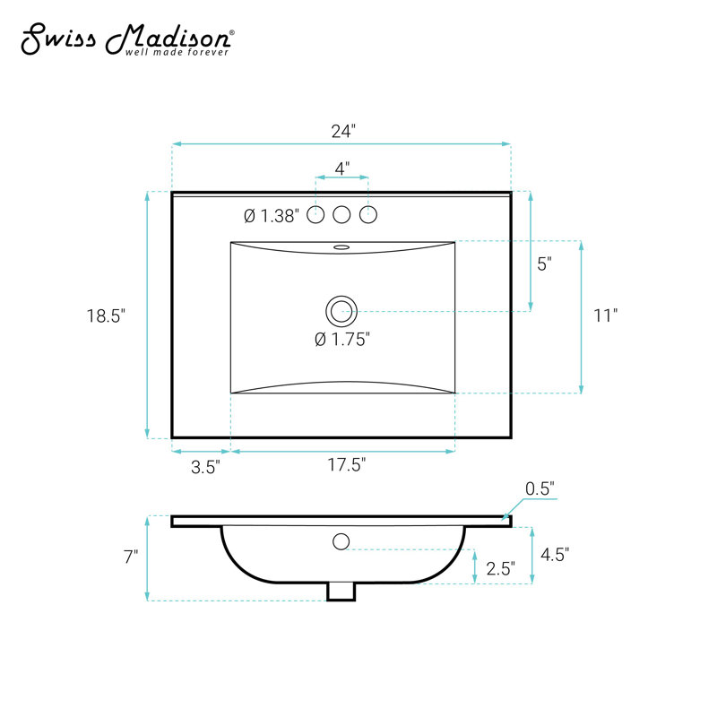 Swiss Madison 24" 3-Hole Centerset Vanity Sink Top in Glossy White, Glossy White, 4" Centerset