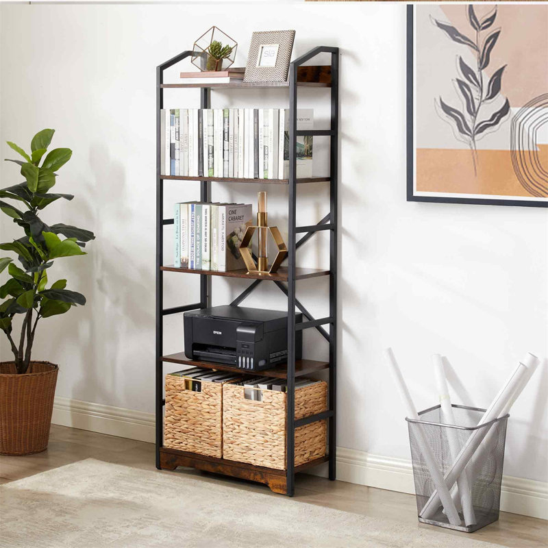 Rustic 5-Tier Bookshelf With Removable Storage Baskets - Heavy Duty Metal Frame, Noir / brun clair