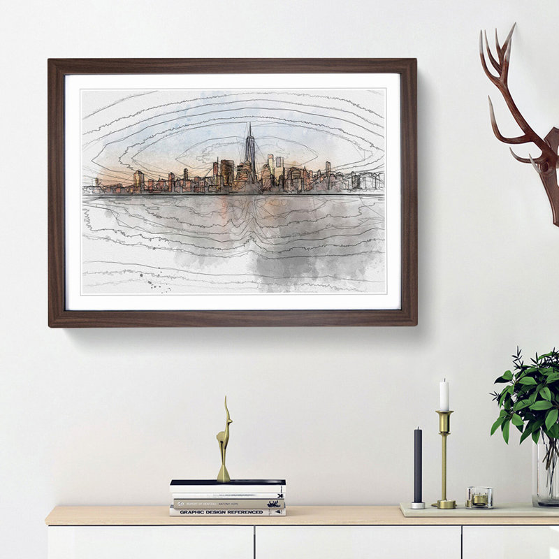 The New York Skyline in Abstract - Picture Frame Graphic Art Print, 27cm H x 36cm W x 2cm D, Walnut Framed