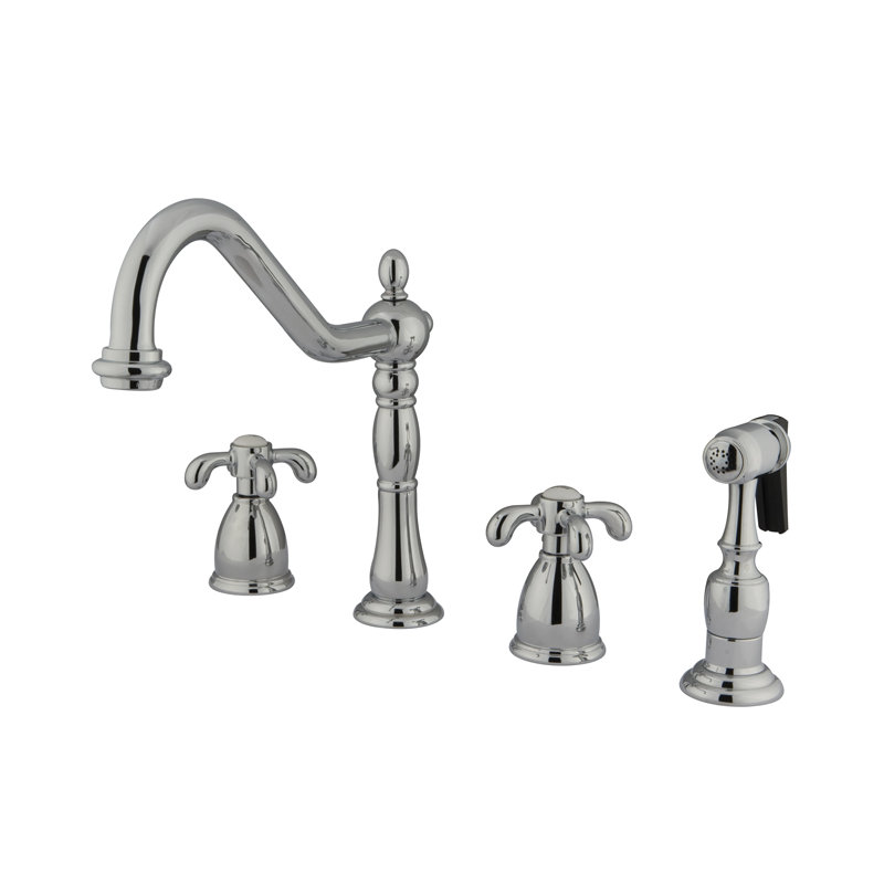 Kingston Brass French Country Double-Handle 4-Hole Widespread Kitchen Faucet with Brass Sprayer, Polished Chrome