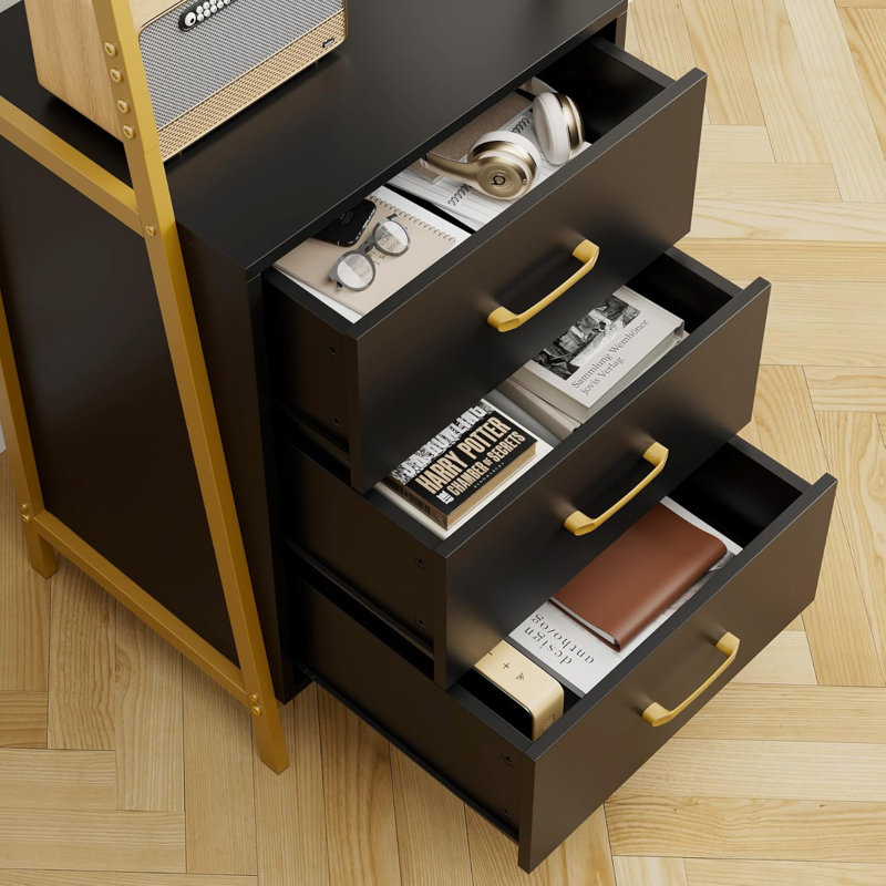 Black Gold 4-Tier Ladder Bookshelf with Wooden Drawers