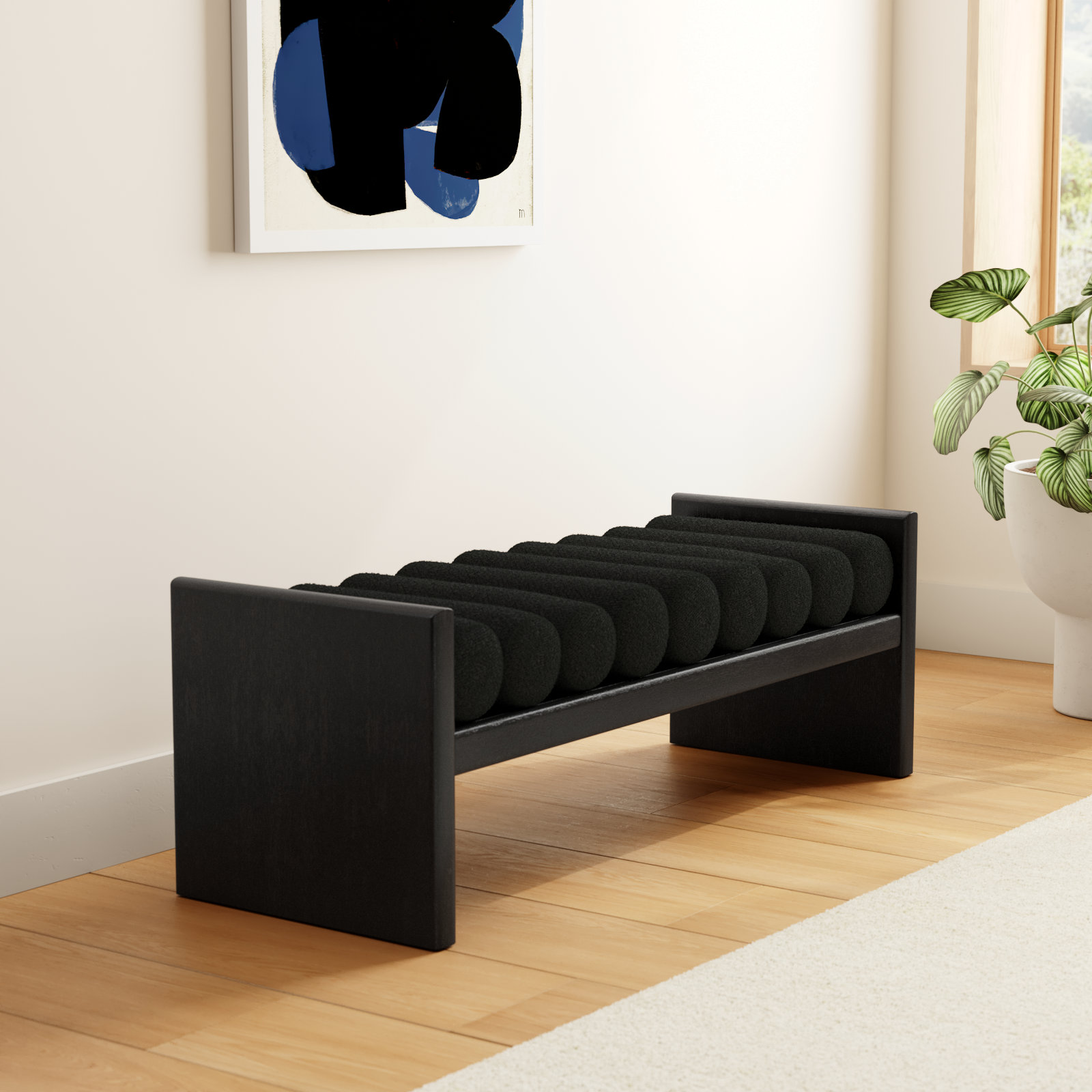 Waverly Bedroom Bench, Black Boucle Fabric / Black Finish, 18" H x 52" W x 19" D