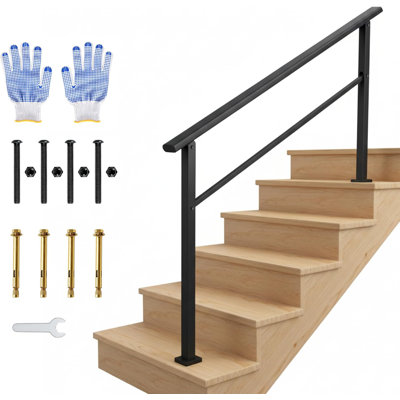 Black Aluminum 2-6 Step Stair Handrail Kit with Iron Posts, ADA Compliant Safety Railing for Porch & Entryway