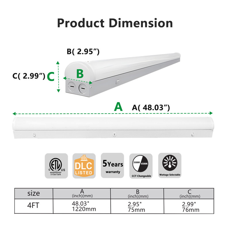 Luminaire linéaire à bande 120-277vac 4ft, raccordable, gradateur 0-10v, 60W / 35W / 30W / 25W / 20W réglable et CCT 6500K / 5700K / 5000K / 4000K / 3500K, paquet de 9