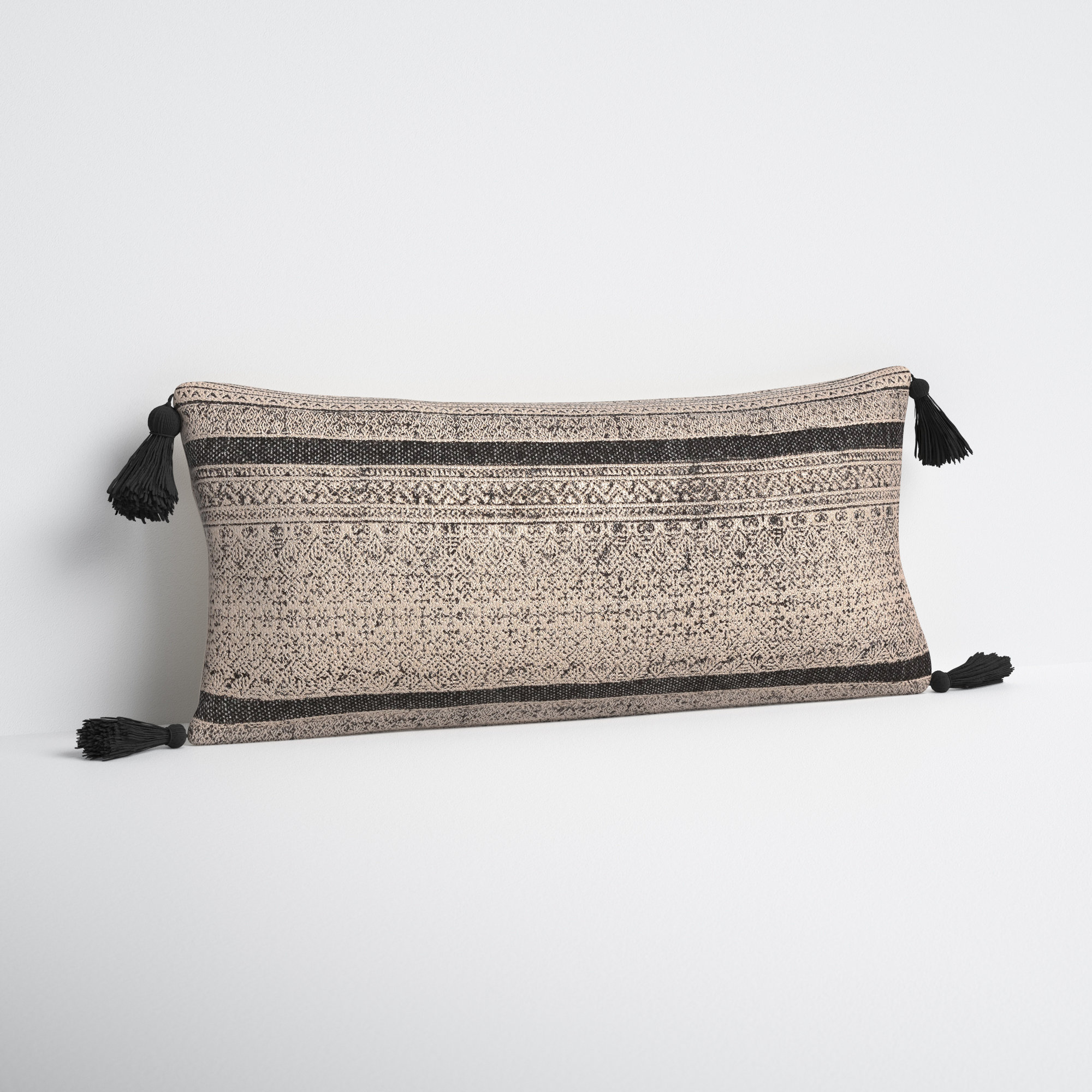 Zetta Tassels Cotton Lumbar Throw Pillow, Beige/Black, Polyester/Polyfill