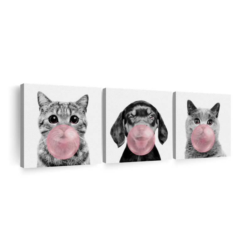 «Funny Animal Bubble Gum», ensemble de 3 reproductions sur toile 3 pièces, H 24 po x l 74 po x P 1,25 po