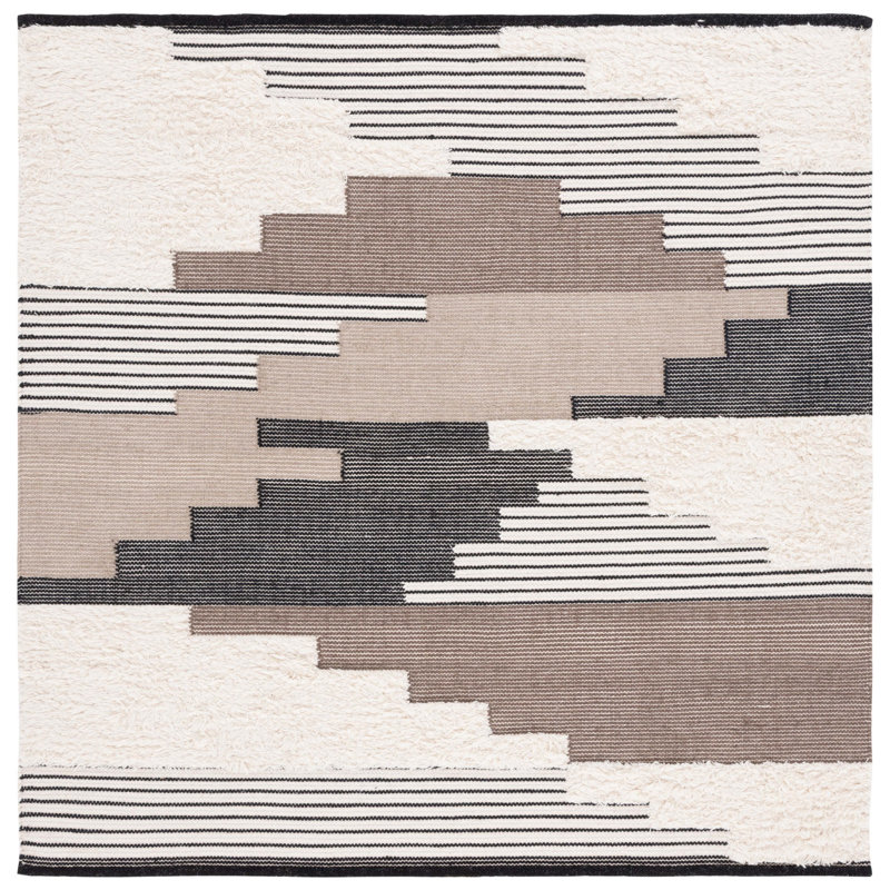 Ingelene Hand Woven Wool/Cotton Rug in Black/Ivory, Square 6'