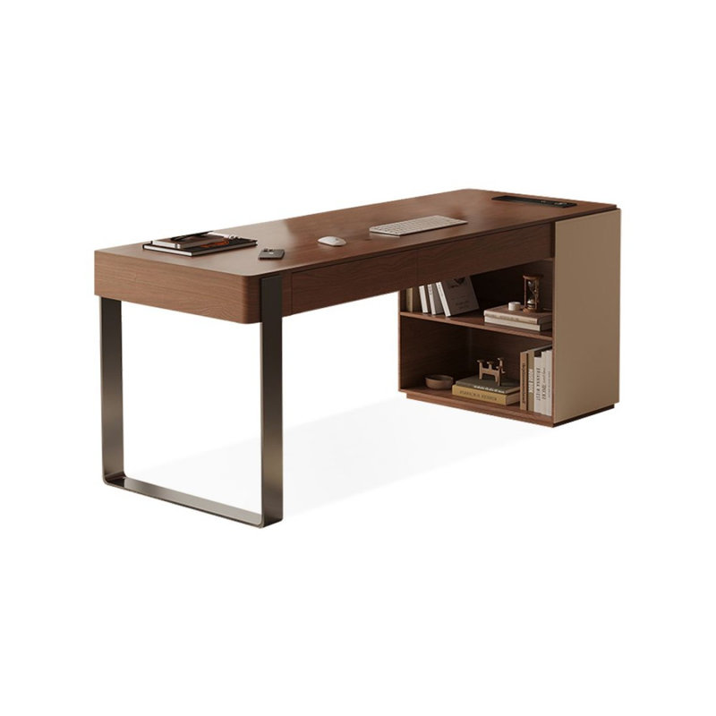 Bureau rectangulaire à 2 tiroirs brun noyer + kaki + argent manufacturé + acier inoxydable, 29.53" H x 62.99" W x 27.56" D