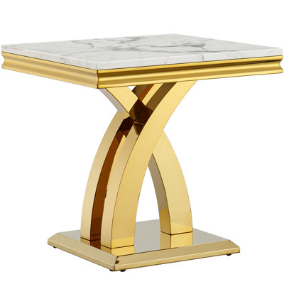 22.8" Square Marble End Table, Modern White Sofa Side Table with Mirrored Stainless Steel Base, Luxury Faux Marble Accent End Table Bedside Table Nightstand for Living Room Bedroom Office