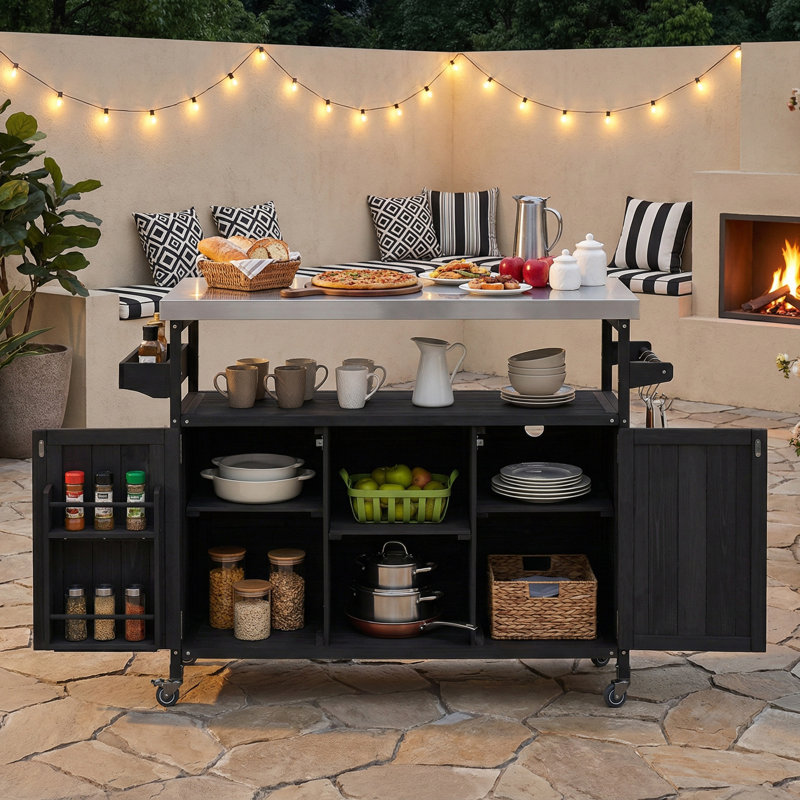 Farmhouse Solid Wood Outdoor Kitchen Island with Stainless Steel Top, Rolling Bar Cart with Lockable Wheels, Storage Cabinet for BBQ & Patio Prep