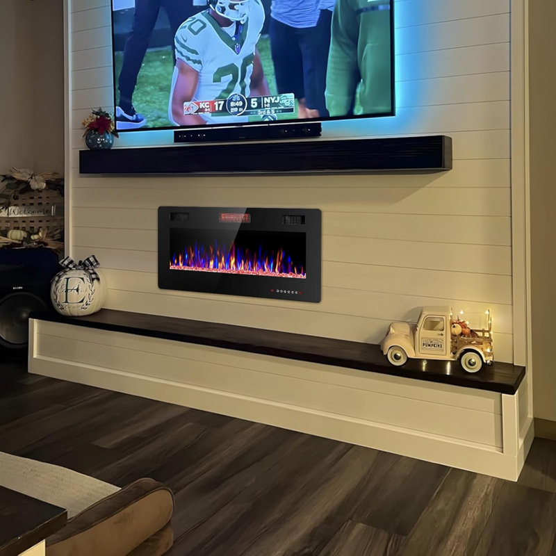 Recessed & Wall Mounted Electric Fireplace, Heater with Remote, Timer, Adjustable Flame Color, 750W/1500W - Black