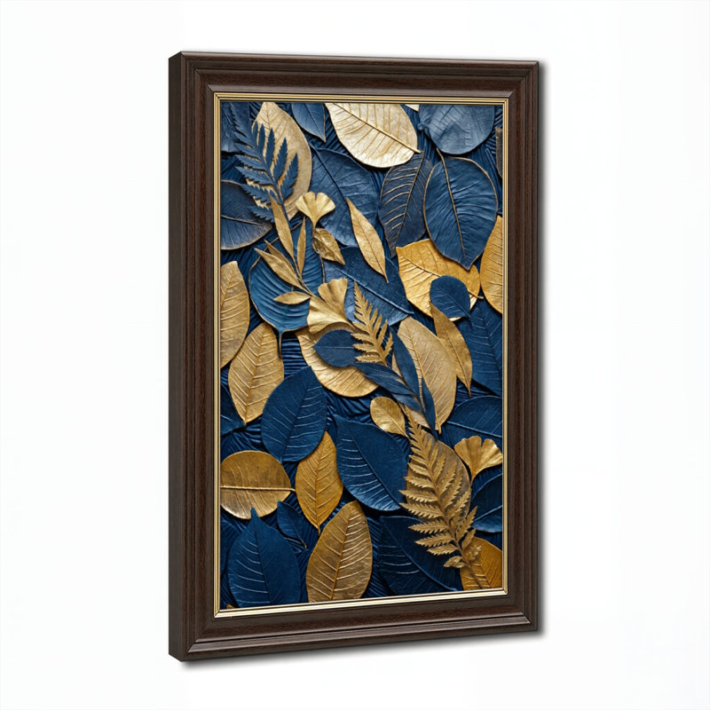 Art mural antique sur toile encadré doré pour le salon, la chambre à coucher, le bureau ou le vestibule - décoration murale décorative avec or bleu