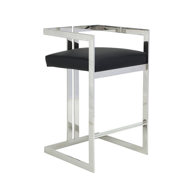 Tabouret de bar avec repose-pieds Kenzie, Argent argent, Similicuir noir, Tabouret de bar (siège d'une hauteur de 29,5 po)